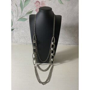 Layered Silver Chain Necklace With Beaded Accents & Multiple Strands